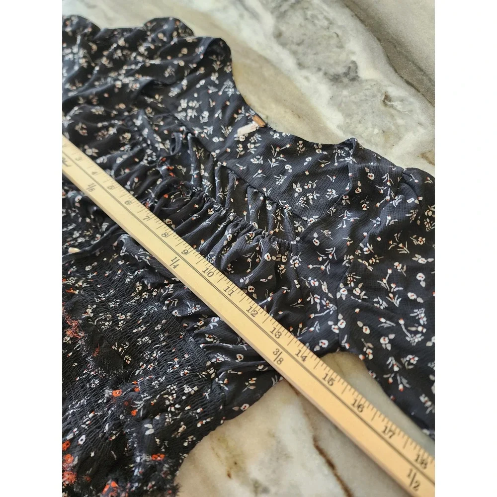 Free‎ People Boho Black Floral Smocked Lolita Long Sleeve Square Neck Womens XS